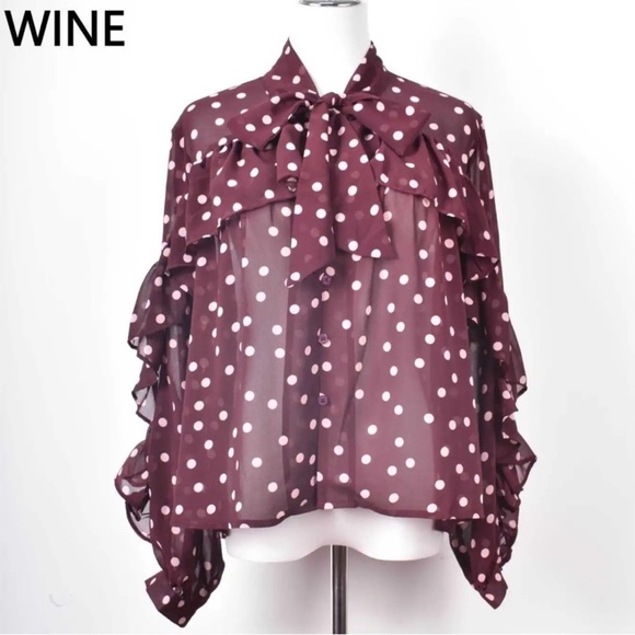 FROM PARIS FRANCE 🇫🇷 Wine Polka Dot Ruffle Blouse - Picture 1 of 1